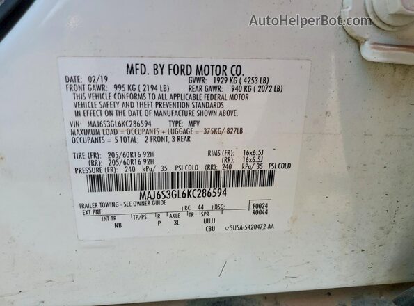 MAJ6S3GL6KC286594 2019 FORD ECOSPORT White Vista de la etiqueta del VIN