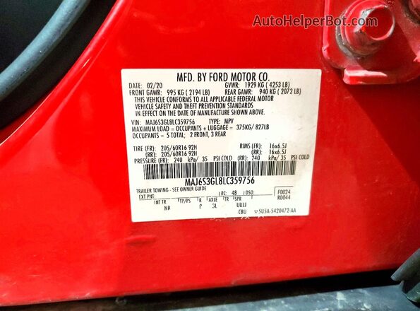 MAJ6S3GL8LC359756 2020 FORD ECOSPORT Red VIN կոդի պիտակի տեսք