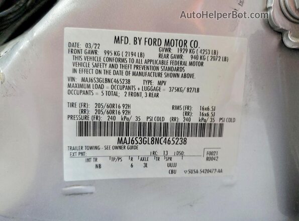 MAJ6S3GL8NC465238 2022 FORD ECOSPORT Silver Widok naklejki z numerem VIN