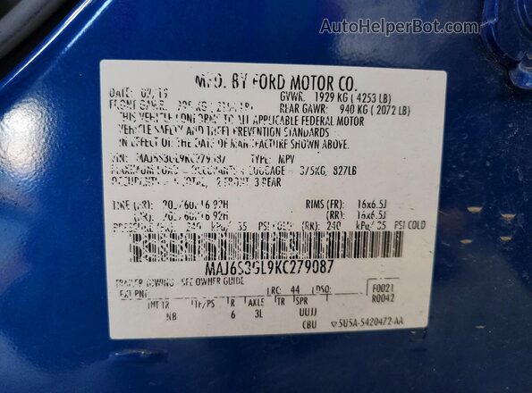MAJ6S3GL9KC279087 2019 FORD ECOSPORT Синий Вид наклейки с VIN-кодом