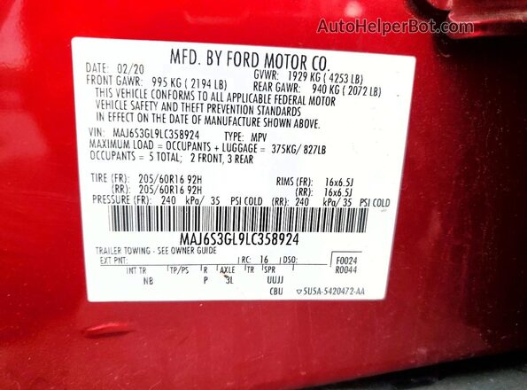 MAJ6S3GL9LC358924 2020 FORD ECOSPORT Maroon VIN կոդի պիտակի տեսք