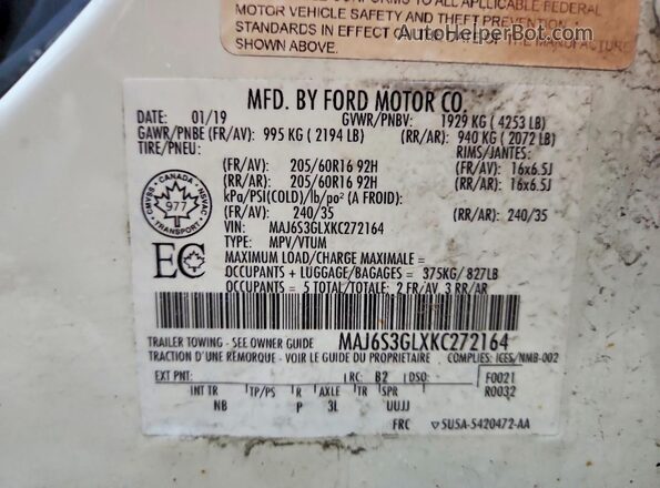 MAJ6S3GLXKC272164 2019 FORD ECOSPORT White Vista de la etiqueta del VIN