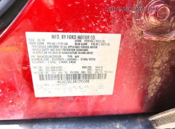 MAJ6S3GLXKC295508 2019 FORD ECOSPORT Red VIN կոդի պիտակի տեսք