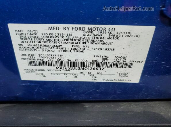 MAJ6S3JL0MC436632 2021 FORD ECOSPORT Blue Widok naklejki z numerem VIN