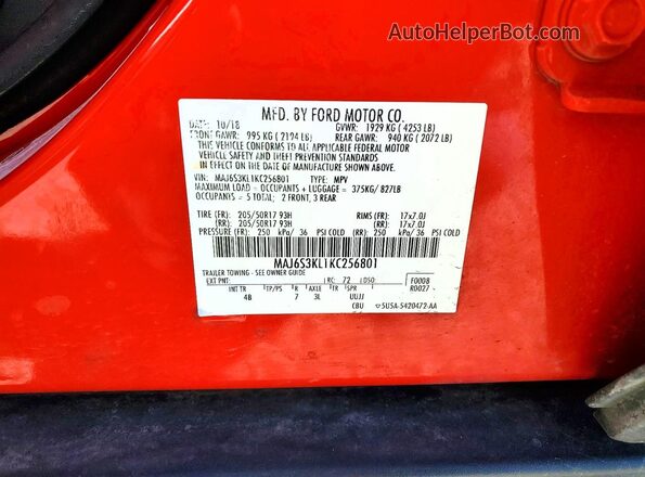 MAJ6S3KL1KC256801 2019 FORD ECOSPORT Red Vista interior de 360 grados