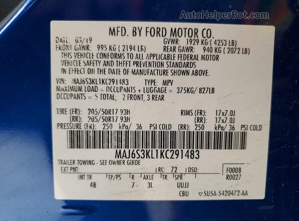 MAJ6S3KL1KC291483 2019 FORD ECOSPORT Blue Вид наклейки з VIN-кодом