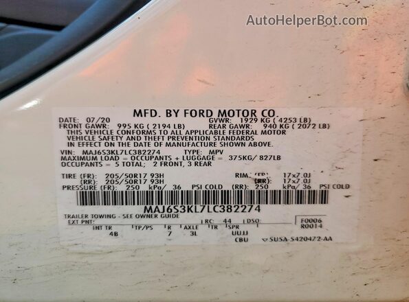 MAJ6S3KL7LC382274 2020 FORD ECOSPORT White VIN sticker view