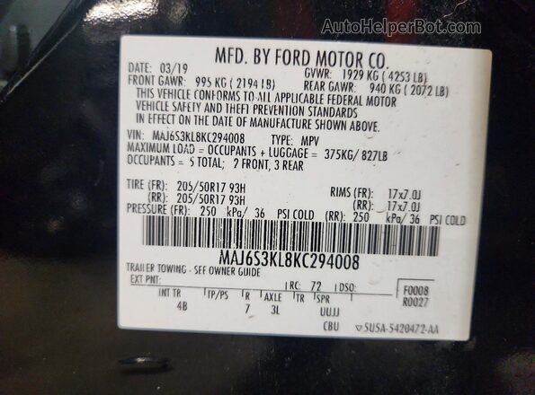 MAJ6S3KL8KC294008 2019 FORD ECOSPORT Черный Вид наклейки с VIN-кодом