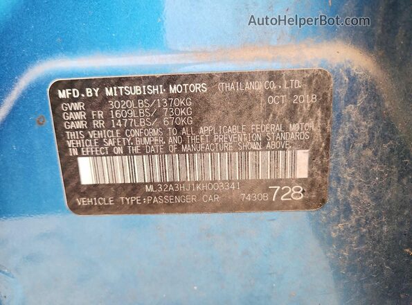ML32A3HJ1KH003341 2019 MITSUBISHI MIRAGE Blue Вид підкапотного простору