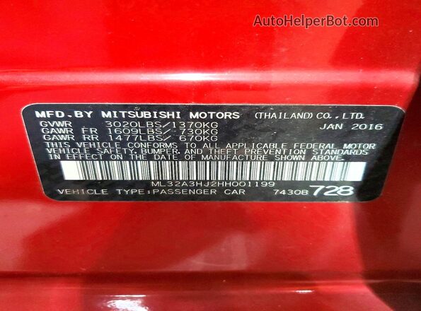 ML32A3HJ2HH001199 2017 MITSUBISHI MIRAGE Red Вид підкапотного простору