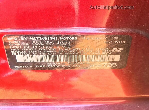 ML32A3HJ5LH004896 2020 MITSUBISHI MIRAGE Maroon Widok komory silnika