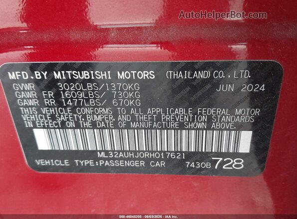 ML32AUHJ0RH017621 2024 MITSUBISHI MIRAGE Красный Вид подкапотного пространства
