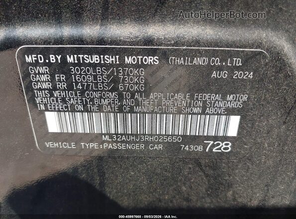 ML32AUHJ3RH025650 2024 MITSUBISHI MIRAGE Black VIN կոդի պիտակի տեսք