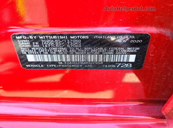 ML32AUHJ9MH001958 2021 MITSUBISHI MIRAGE Red Vista de la etiqueta del VIN
