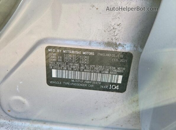 ML32FUFJ5MHF05978 2021 MITSUBISHI MIRAGE Серебряный Вид наклейки с VIN-кодом