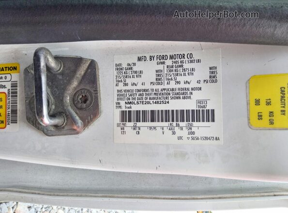 NM0LS7E20L1482524 2020 FORD TRANSIT White VIN კოდის სტიკერის ხედი