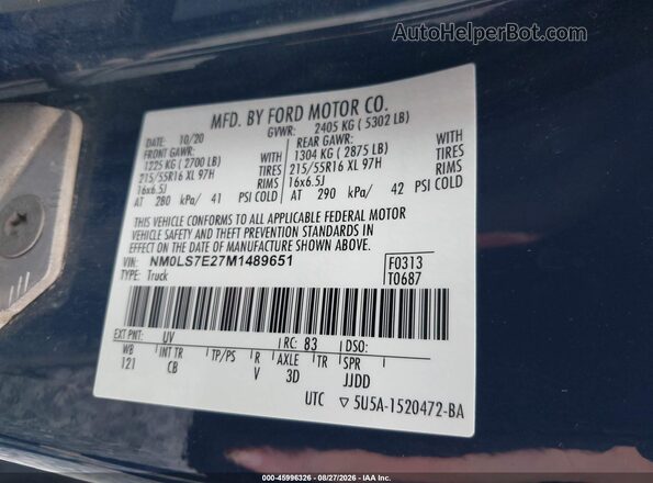 NM0LS7E27M1489651 2021 FORD TRANSIT CONNECT Blue Vista del compartimento del motor
