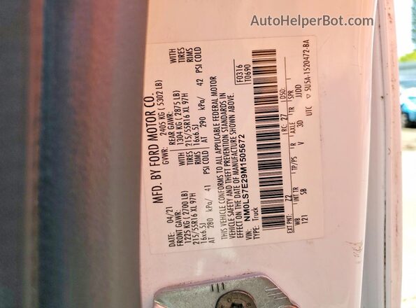 NM0LS7E29M1505672 2021 FORD TRANSIT Белый Вид наклейки с VIN-кодом