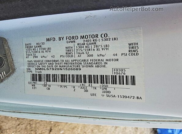 NM0LS7S20N1526089 2022 FORD TRANSIT White Widok komory silnika