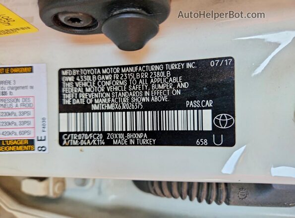 NMTKHMBX6JR026375 2018 TOYOTA C-HR White Вид наклейки з VIN-кодом