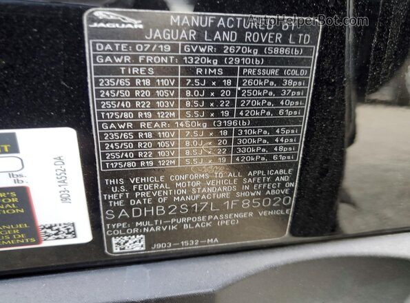 SADHB2S17L1F85020 2020 JAGUAR I-PACE Black Панорамний вид салону 360°