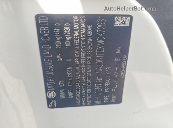 SAJD51FEXMCK72931 2021 JAGUAR F-TYPE Белый Вид наклейки с VIN-кодом
