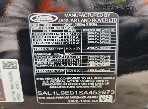 SAL1L9E91SA452973 2025 LAND ROVER RANGE Черный Вид наклейки с VIN-кодом