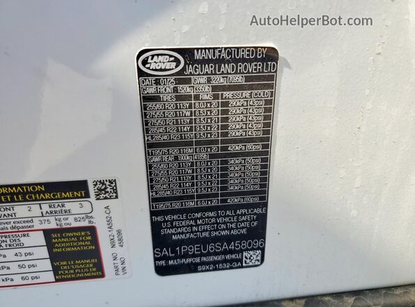 SAL1P9EU6SA458096 2025 LAND ROVER RANGE White Vista interior de 360 grados