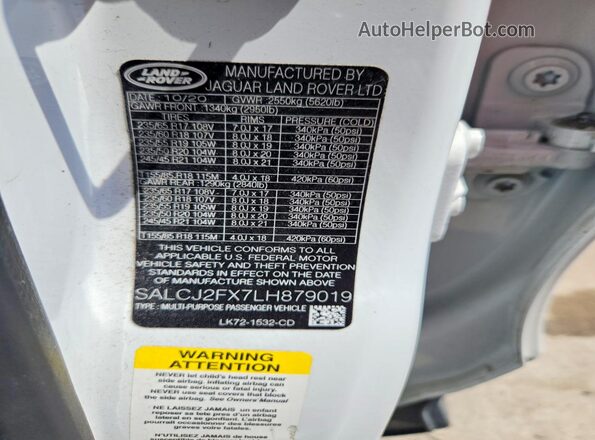 SALCJ2FX7LH879019 2020 LAND ROVER DISCOVERY White Widok naklejki z numerem VIN