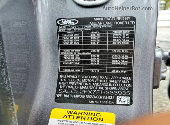 SALCL2FX7PH333935 2023 LAND ROVER DISCOVERY Gray Widok wnętrza 360 stopni