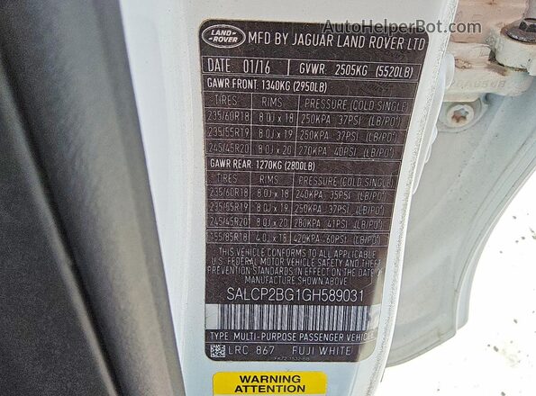 SALCP2BG1GH589031 2016 LAND ROVER DISCOVERY White ძრავის განყოფილების ხედი