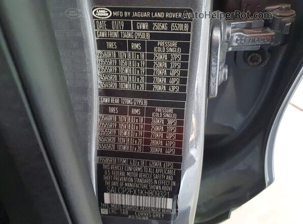 SALCP2FX1KH809321 2019 LAND ROVER DISCOVERY Gray Widok naklejki z numerem VIN
