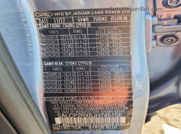 SALCP2RX6JH745156 2018 LAND ROVER DISCOVERY Синий Вид наклейки с VIN-кодом