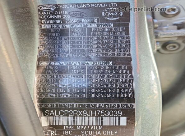 SALCP2RX9JH753039 2018 LAND ROVER DISCOVERY Teal Vista de la etiqueta del VIN