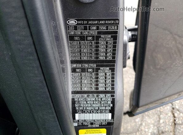 SALCR2FX3KH818046 2019 LAND ROVER DISCOVERY Серый Вид наклейки с VIN-кодом