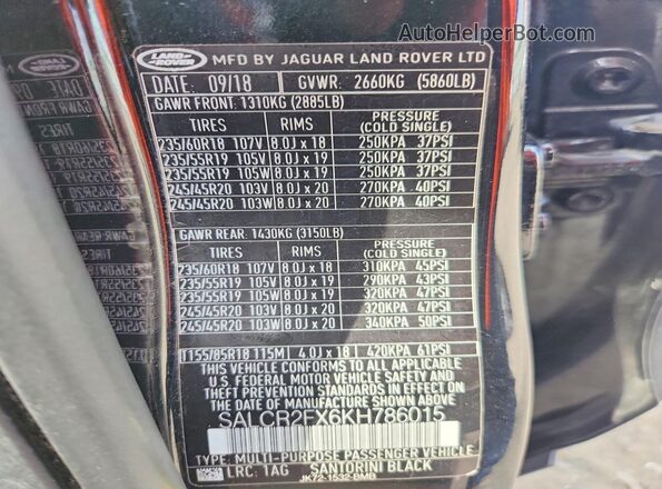 SALCR2FX6KH786015 2019 LAND ROVER DISCOVERY Black Widok naklejki z numerem VIN