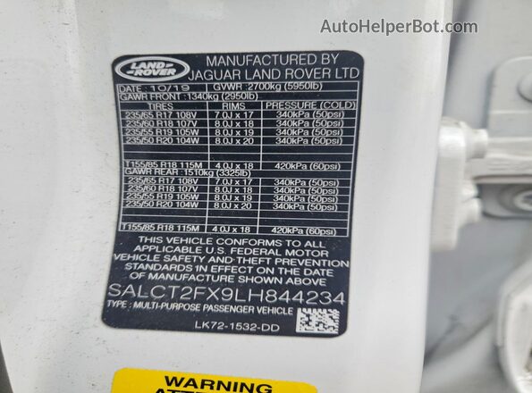 SALCT2FX9LH844234 2020 LAND ROVER DISCOVERY White VIN კოდის სტიკერის ხედი