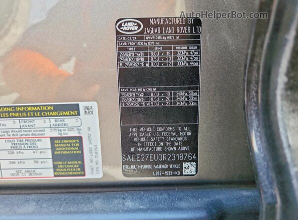 SALE27EU0R2318764 2024 LAND ROVER DEFENDER Gray Սալոնի 360 աստիճան տեսք