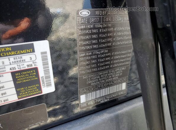 SALGS2FE6HA368026 2017 LAND ROVER RANGE Black Widok wnętrza 360 stopni