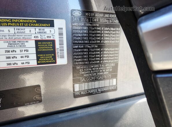 SALGS2KF1GA276173 2016 LAND ROVER RANGE Gray VIN կոդի պիտակի տեսք