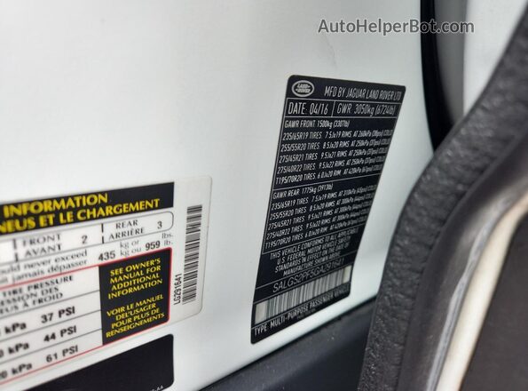 SALGS2PF5GA291641 2016 LAND ROVER RANGE White VIN sticker view