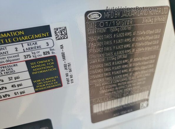 SALGS2RE4KA547751 2019 LAND ROVER RANGE White VIN կոդի պիտակի տեսք