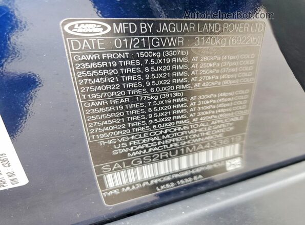 SALGS2RU1MA433619 2021 LAND ROVER RANGE Blue Vista de la etiqueta del VIN