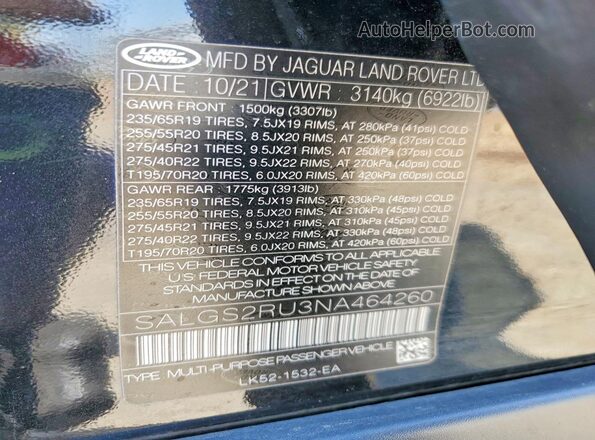 SALGS2RU3NA464260 2022 LAND ROVER RANGE Black Вид наклейки з VIN-кодом
