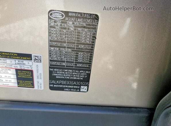 SALKPBE93SA301035 2025 LAND ROVER RANGE Gold VIN კოდის სტიკერის ხედი