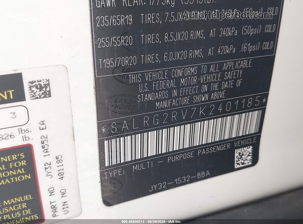 SALRG2RV7K2401185 2019 LAND ROVER DISCOVERY White Շարժիչի բաժամունքի տեսք