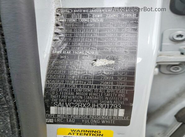 SALVC2RX2JH301793 2018 LAND ROVER RANGE Gray VIN sticker view
