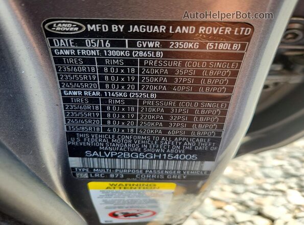 SALVP2BG5GH154005 2016 LAND ROVER RANGE Gray Вид наклейки з VIN-кодом