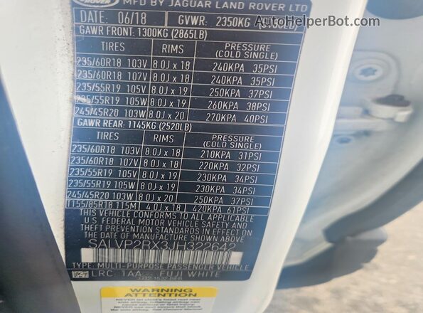 SALVP2RX3JH322642 2018 LAND ROVER RANGE White VIN sticker view