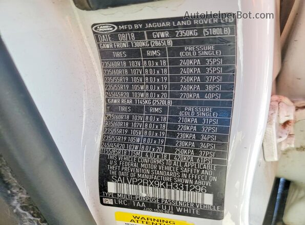 SALVP2RX9KH331296 2019 LAND ROVER RANGE White Widok wnętrza 360 stopni